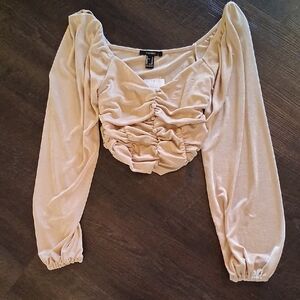 Forever 21 Beige Ruched Long Sleeve Blouse